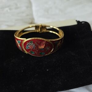 Vintage Cloisonne Gold and Red Floral Bracelet